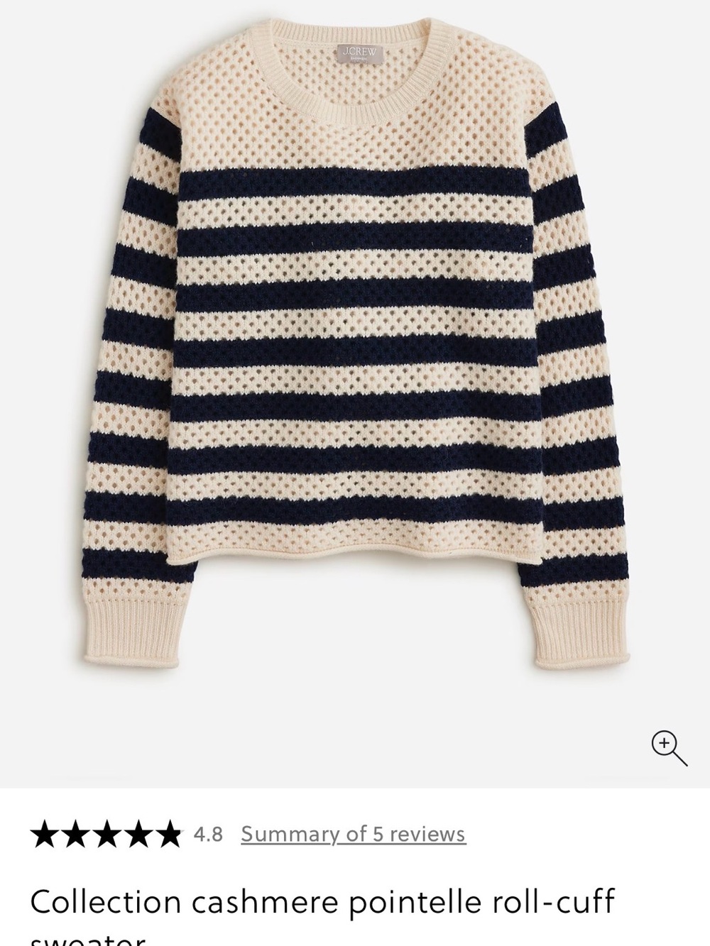 NWOT JCrew Cashmere Navy and Off White Striped Crewneck Sweater Size large